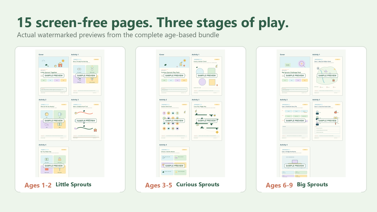 Actual page previews from all three Sproutful Minds age-based printable packs