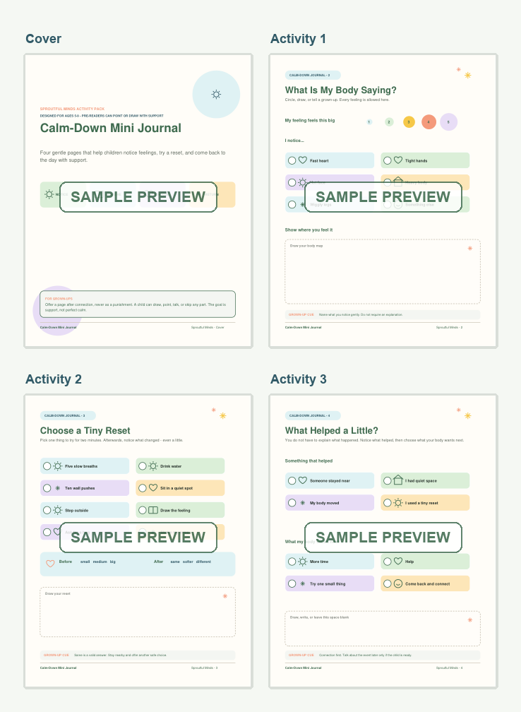Watermarked four-page preview of the Calm-Down Mini Journal