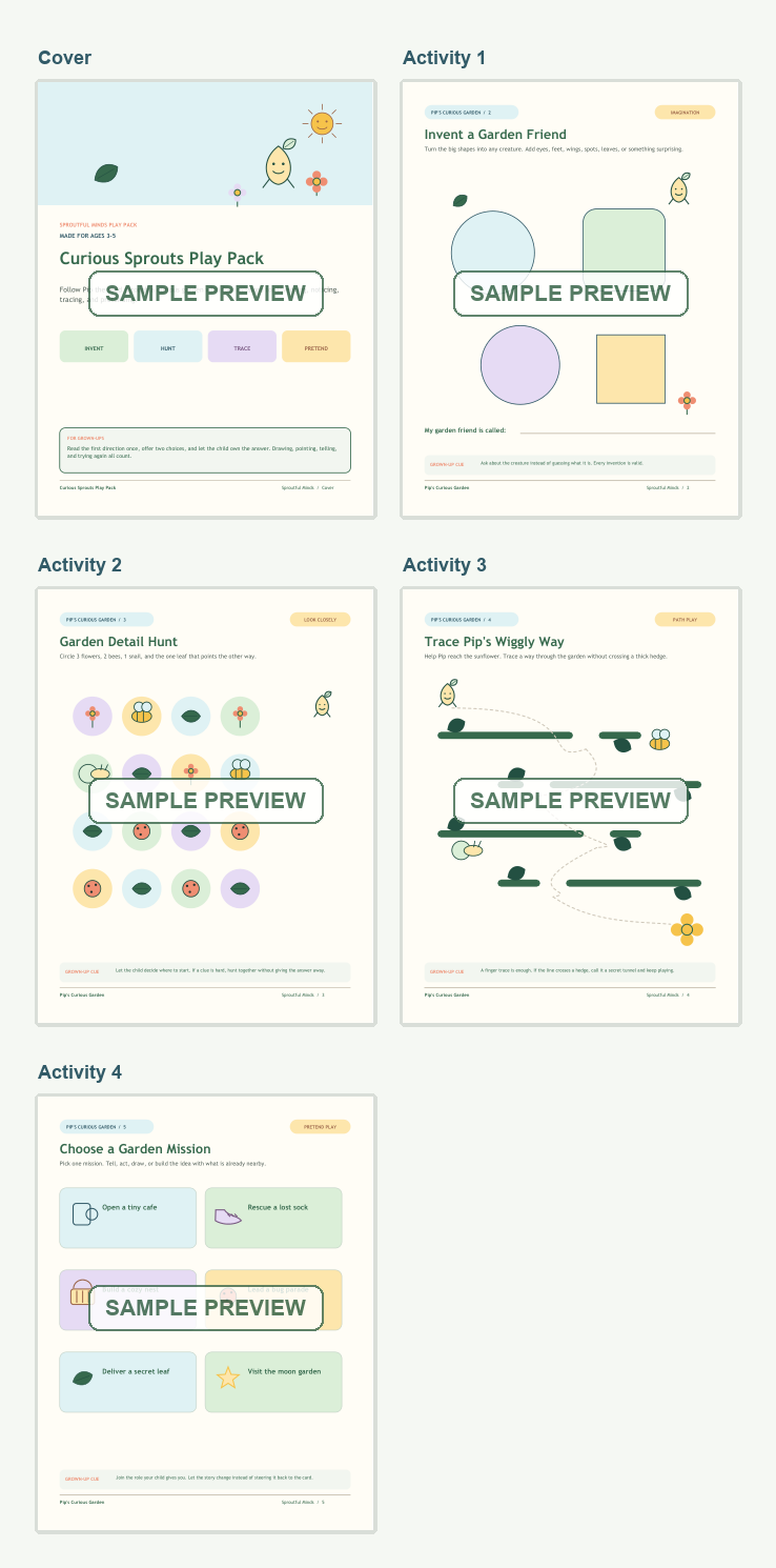Five-page Curious Sprouts illustrated garden preview for ages 3 to 5
