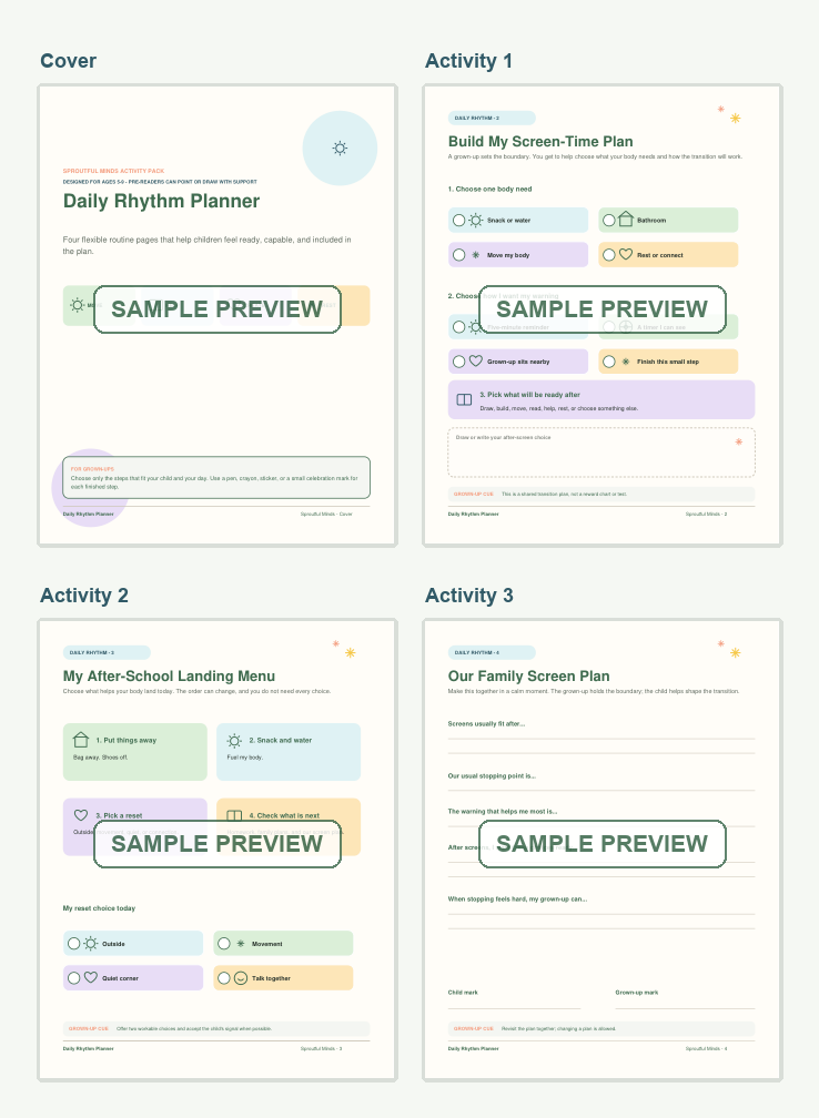 Watermarked four-page preview of the Daily Rhythm Planner