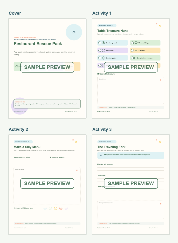 Watermarked four-page preview of the Restaurant Rescue Pack