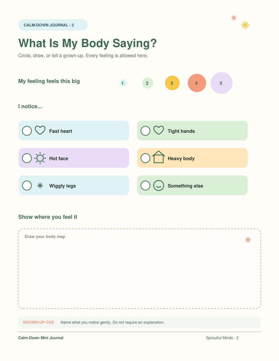 Actual feelings check-in worksheet included in the Calm-Down Mini Journal