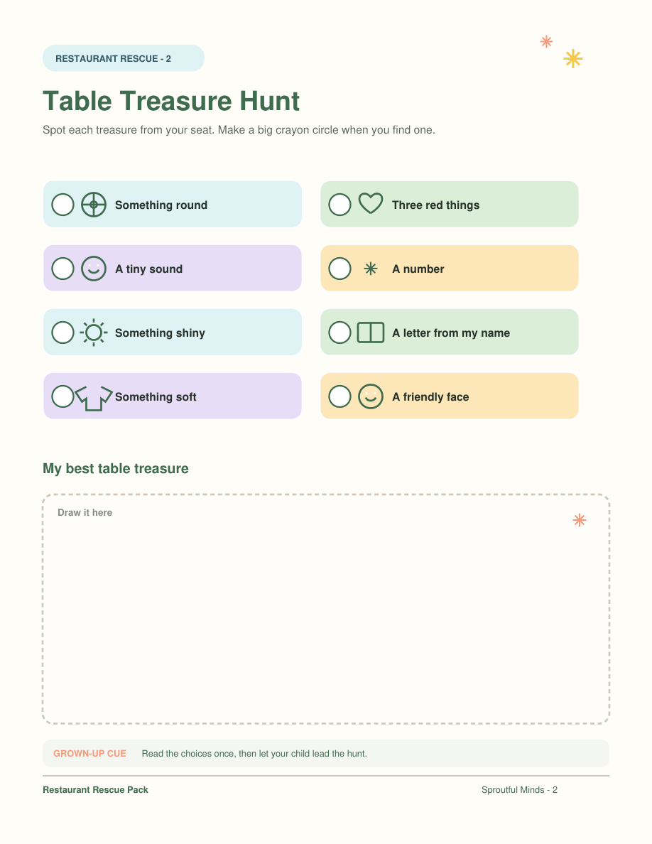 Actual Quiet Table Hunt worksheet included in Restaurant Rescue